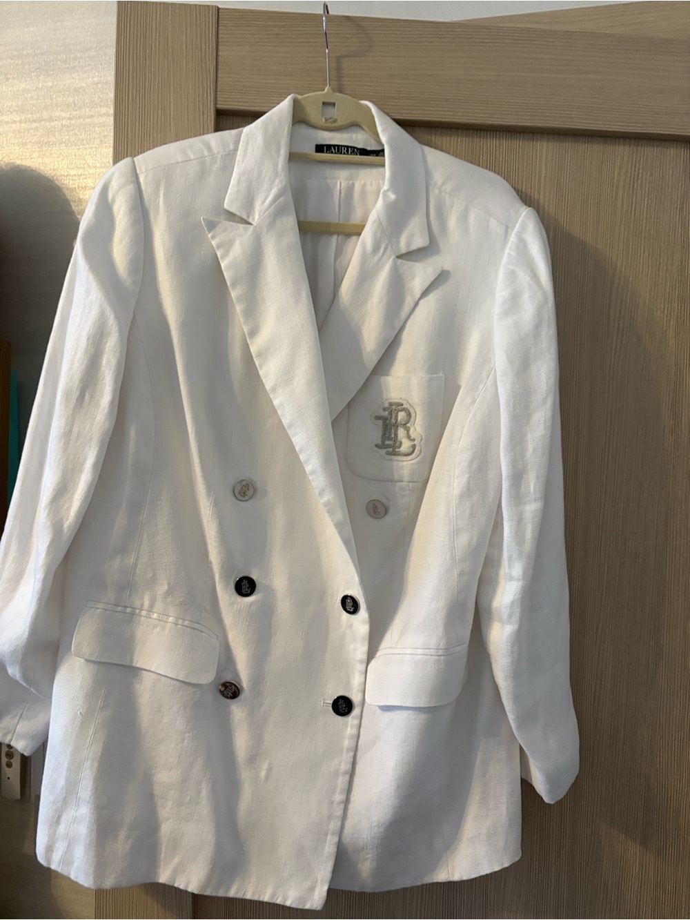 Lauren Ralph Lauren White Double-Breasted Linen-Blend Blazer